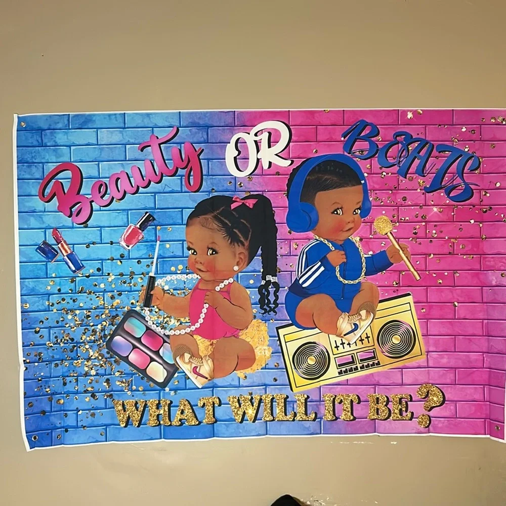 Gender reveal, beauty or beats, what will it be? 5 ft.  X 4 ft. ,pink,blue gold